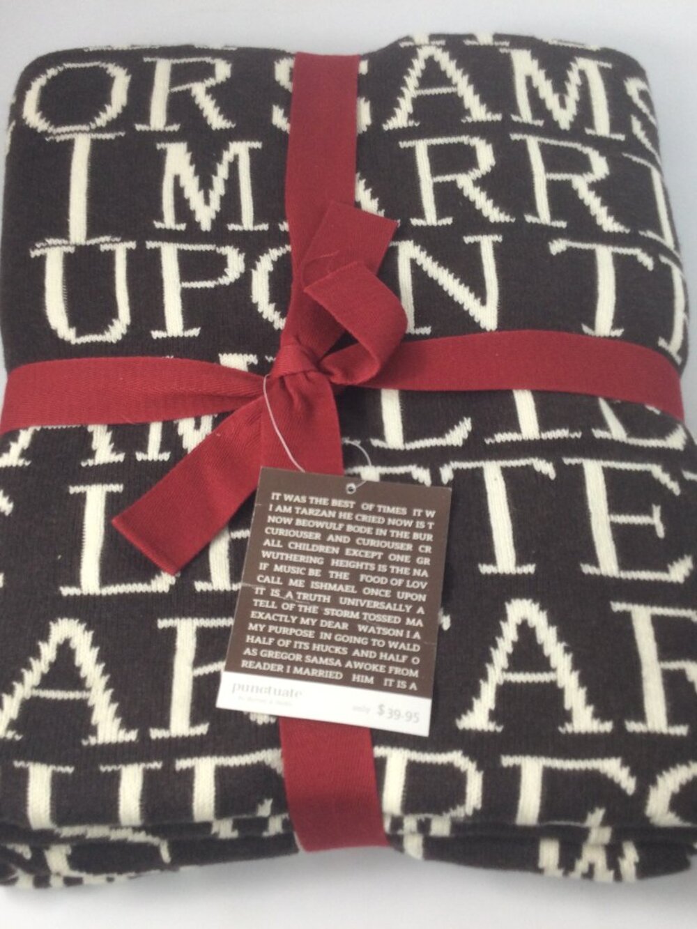 Punctuate Literary Quote Knit Cotton Throw Barnes & Nobles Choco 50" x 60"